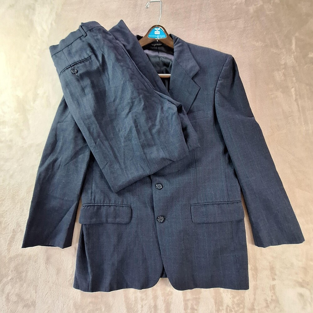 Bill Blass Blazer Suit Mens 42L Blue Wool Two Button Made USA Classic Formal